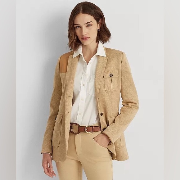 Laure ralph Lauren,Plus-Size Faux-Leather-Trim Jacquard Blazer - Picture 2 of 6